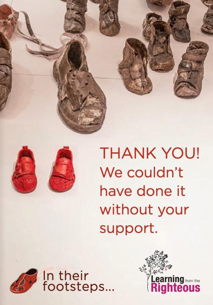Old worn shoes are displayed, with text expressing gratitude and two bright red shoes representing hope. "In their footsteps" and "Learning from the Righteous."